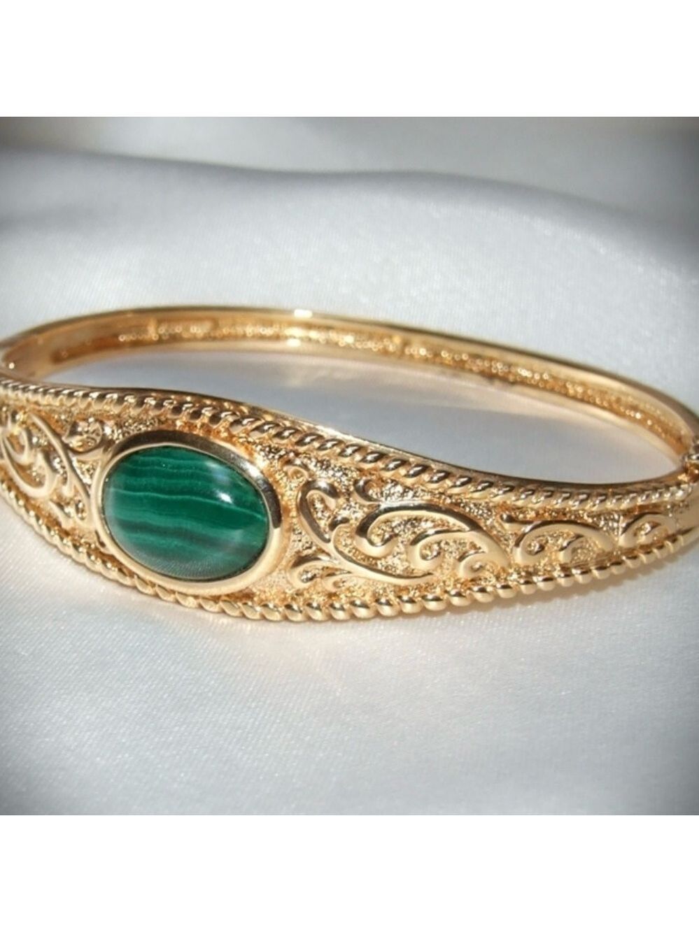 925 Sterling Silver Malachite Gold- Plated Hinged Bangle Bracelet, Engraved.